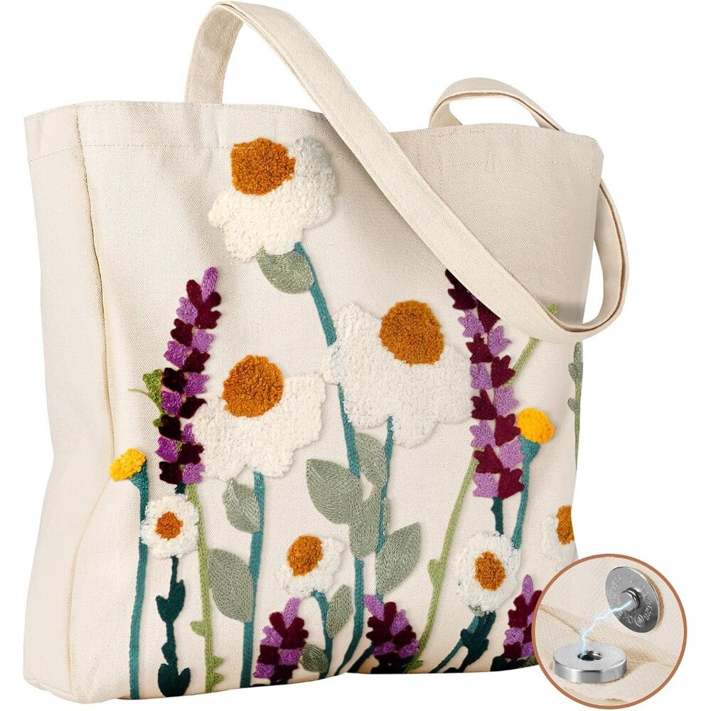 Aesthetic Embroidery Tote Bag for Women - Reusable Canvas Cute Shoulder Bag for